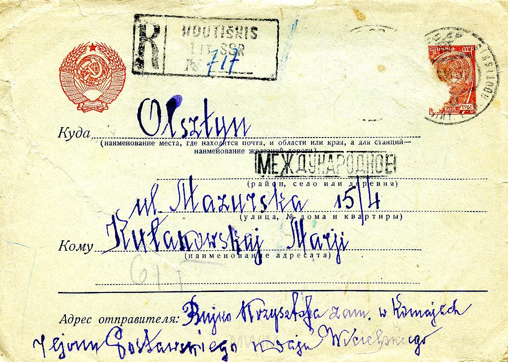 KKE 2267.jpg - Dok. Koperta listu. Z ZSRR do Olsztyna Bujko Krzysztofa do Kołakowski Marii (z domu Bujko), 1961 r.